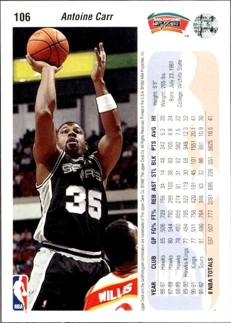 1992 Upper Deck Antoine Carr #106 basketball trading card back