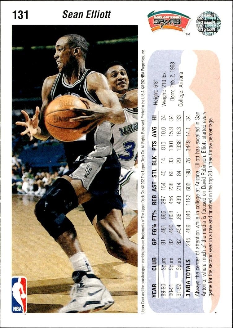 1992 Upper Deck Sean Elliott #131 basketball trading card back