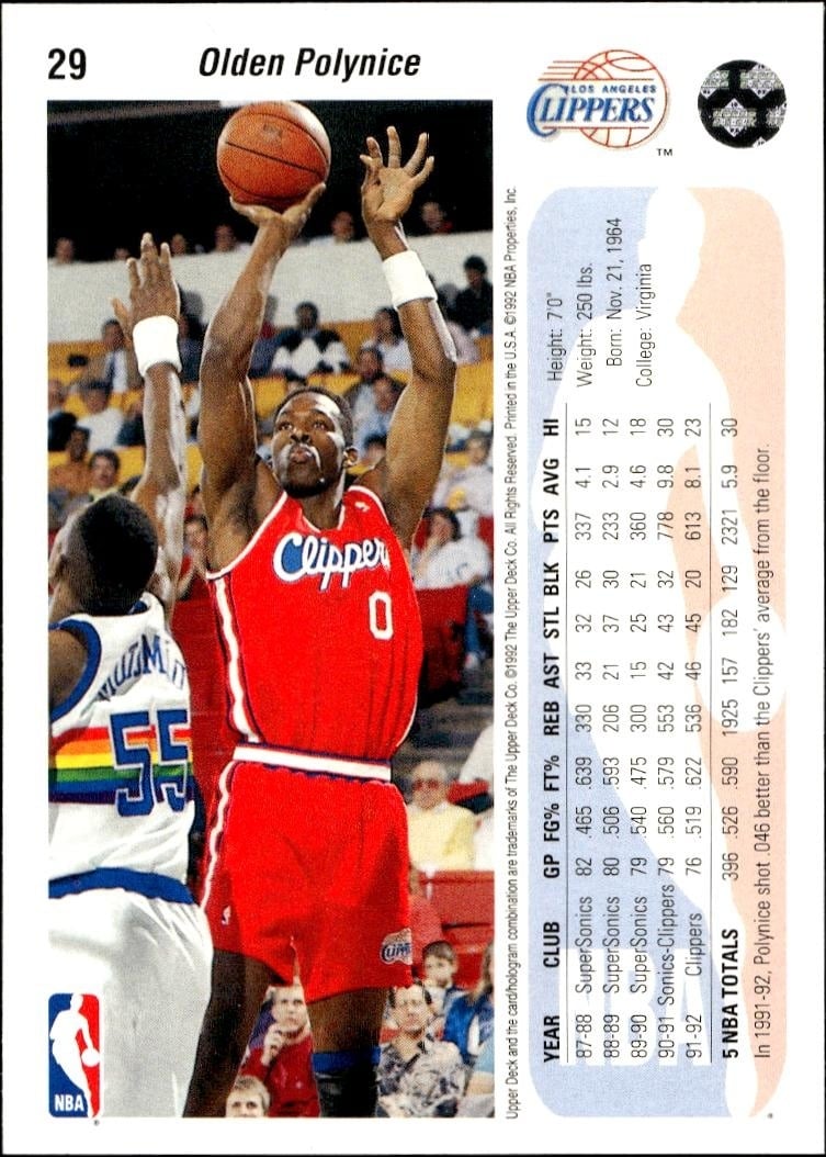 1992 Upper Deck Olden Polynice #29 basketball trading card back