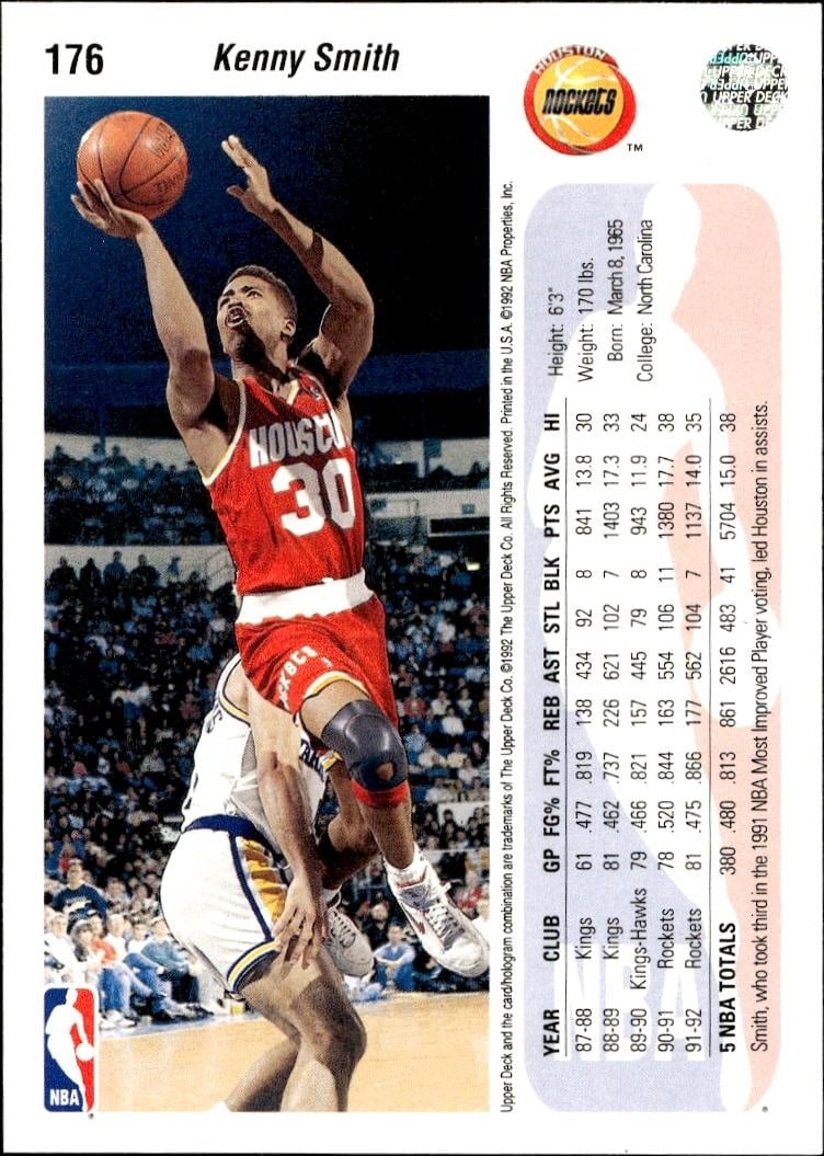1992 Upper Deck Kenny Smith #176 basketball trading card back