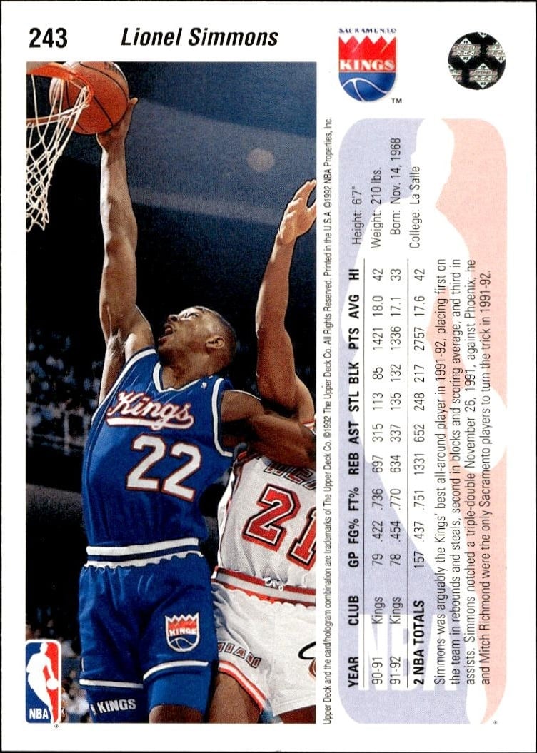 1992 Upper Deck Lionel Simmons #243 basketball trading card back