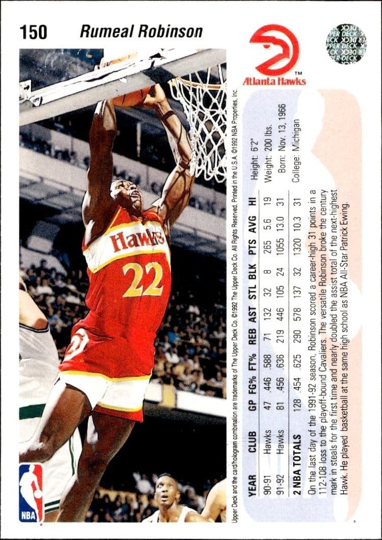 1992 Upper Deck Rumeal Robinson #150 basketball trading card back