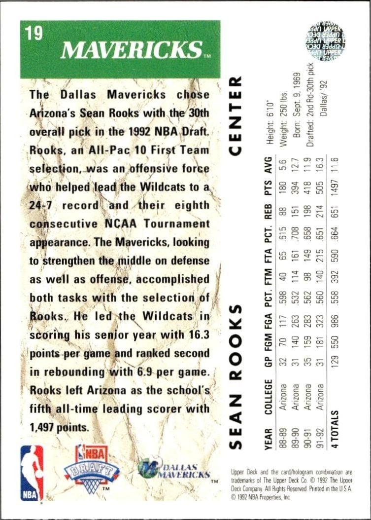 1992 Upper Deck Sean Rooks #19 basketball trading card back