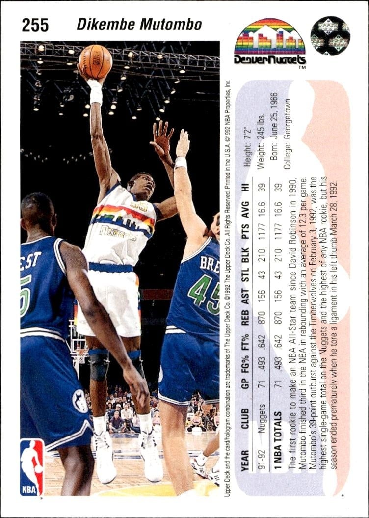 1992 Upper Deck Dikembe Mutombo #255 basketball trading card back