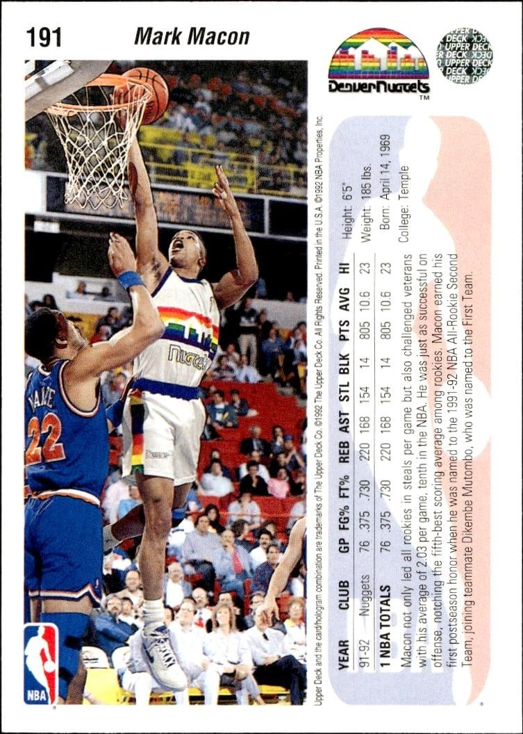1992 Upper Deck Mark Macon #191 basketball trading card back