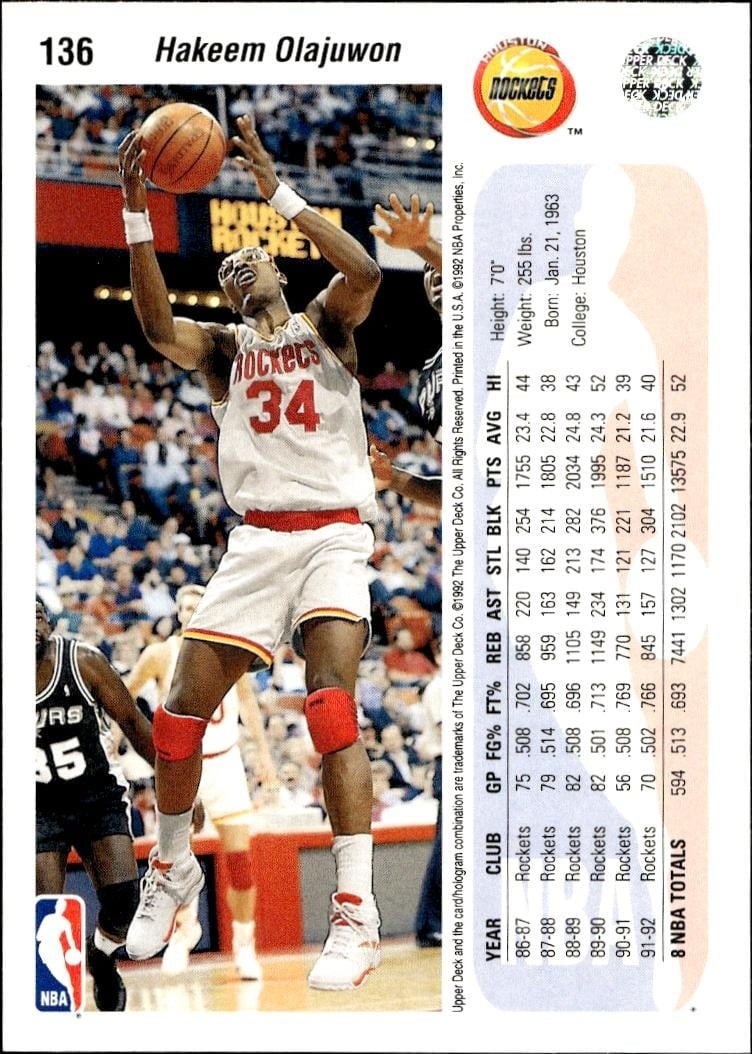 1992 Upper Deck Hakeem Olajuwon #136 basketball trading card back