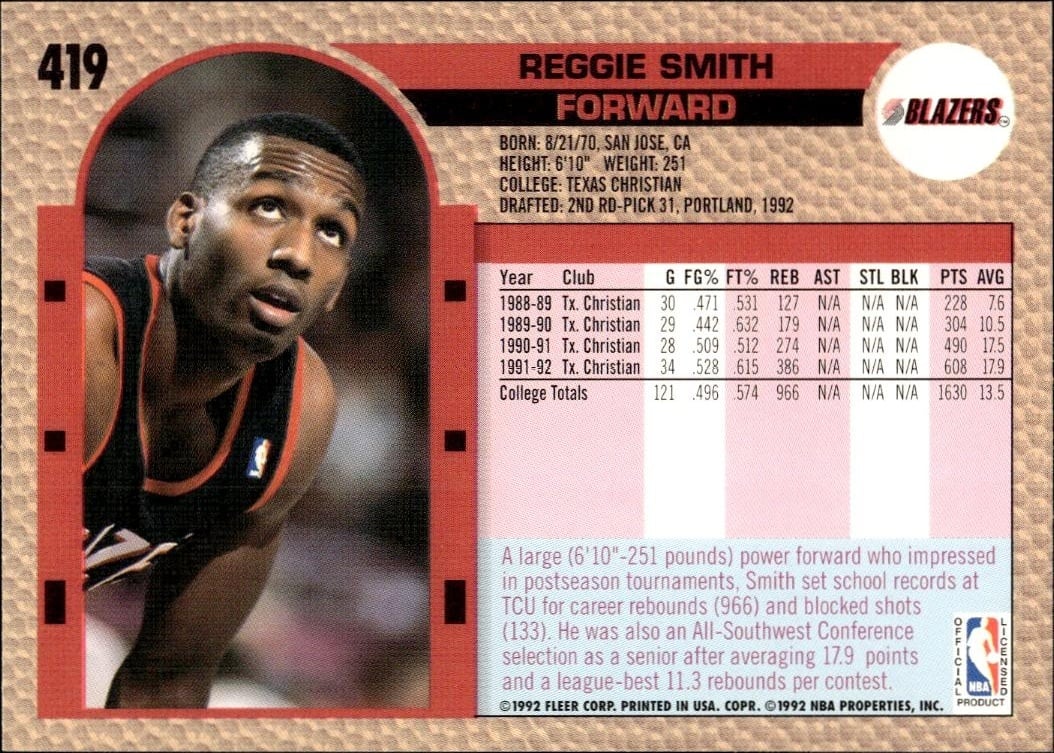 1992 Fleer Reggie Smith #419 basketball trading card back