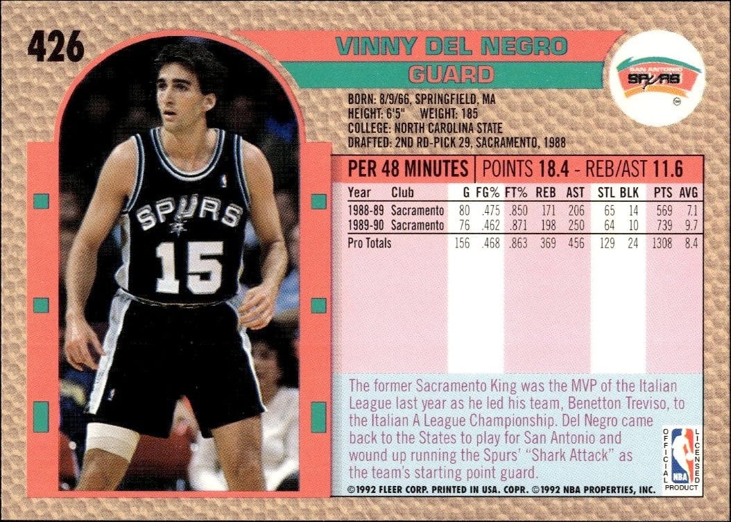 1992 Fleer Vinny Del Negro #426 basketball trading card back