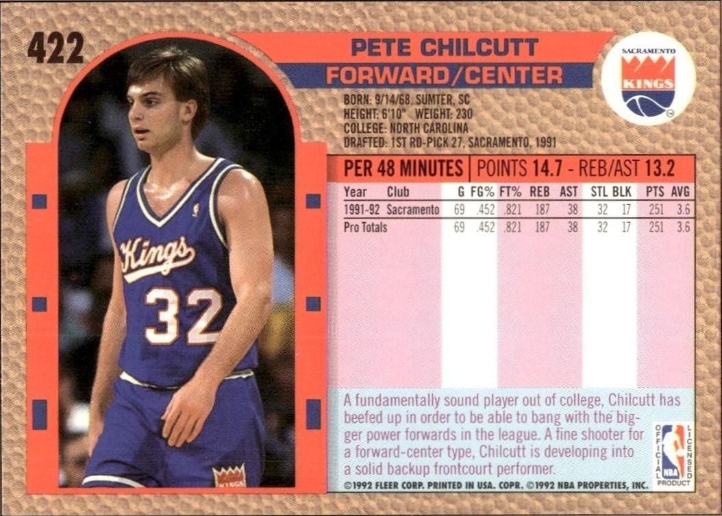 1992 Fleer Pete Chilcutt #422 basketball trading card back
