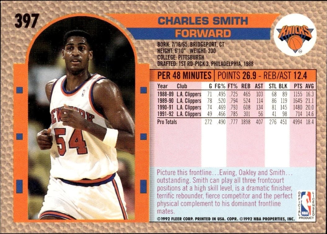 1992 Fleer Charles Smith #397 basketball trading card back