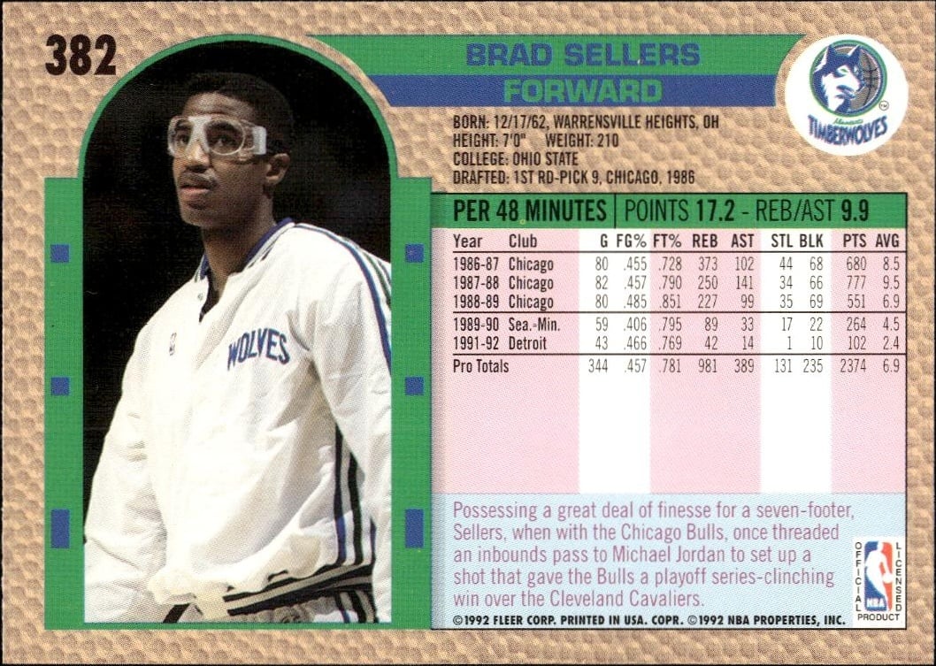 1992 Fleer Brad Sellers #382 basketball trading card back