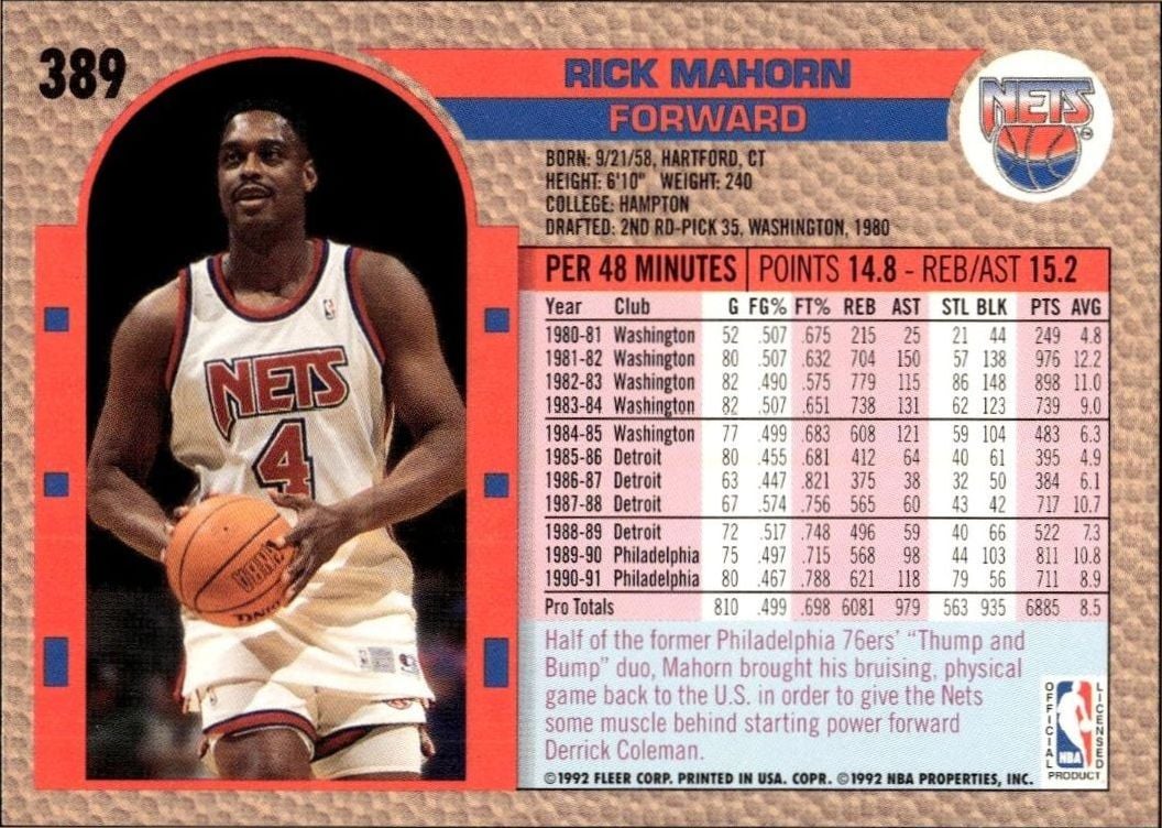 1992 Fleer Rick Mahorn #389 basketball trading card back