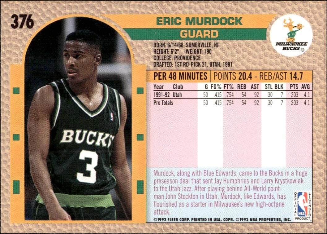 1992 Fleer Eric Murdock #376 basketball trading card back