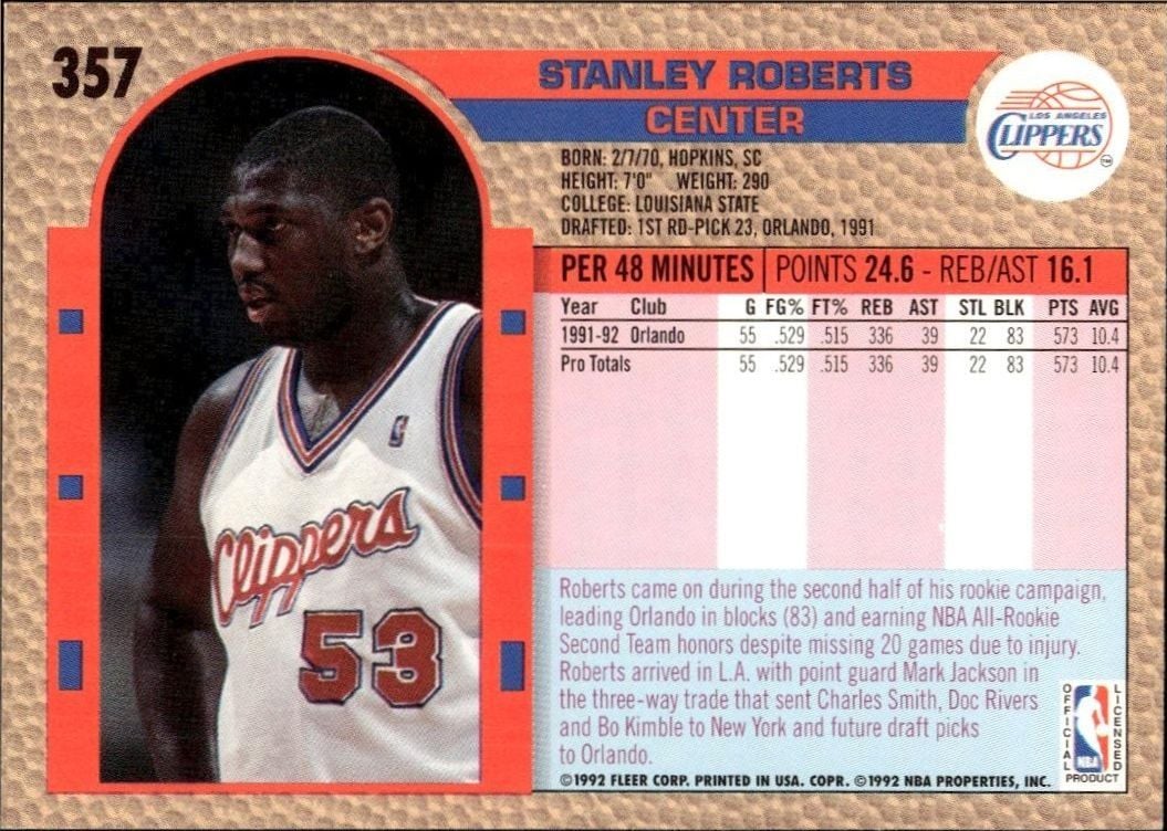 1992 Fleer Stanley Roberts #357 basketball trading card back