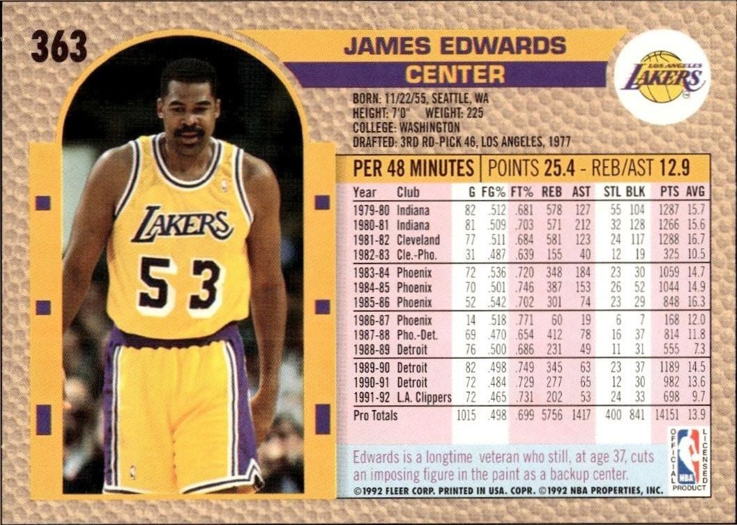 1992 Fleer James Edwards #363 basketball trading card back