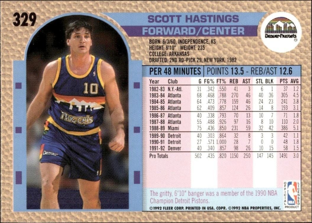 1992 Fleer Scott Hastings #329 basketball trading card back