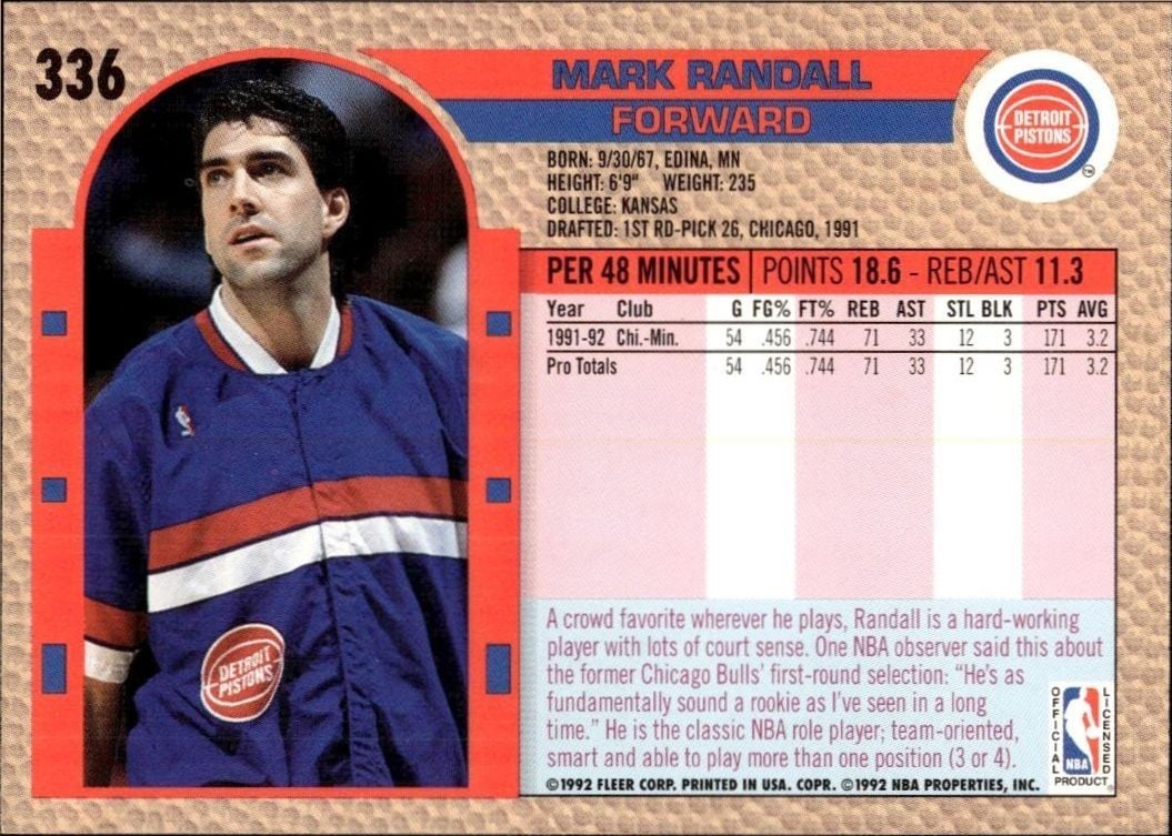 1992 Fleer Mark Randall #336 basketball trading card back
