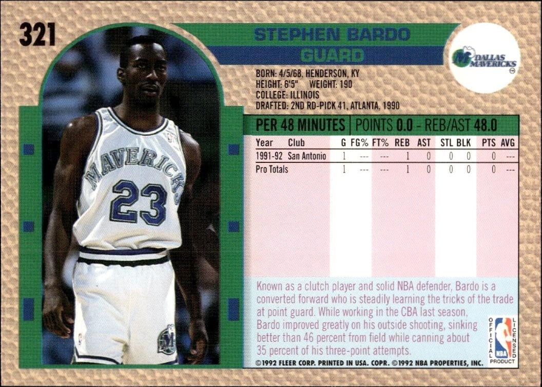 1992 Fleer Steve Bardo #321 basketball trading card back