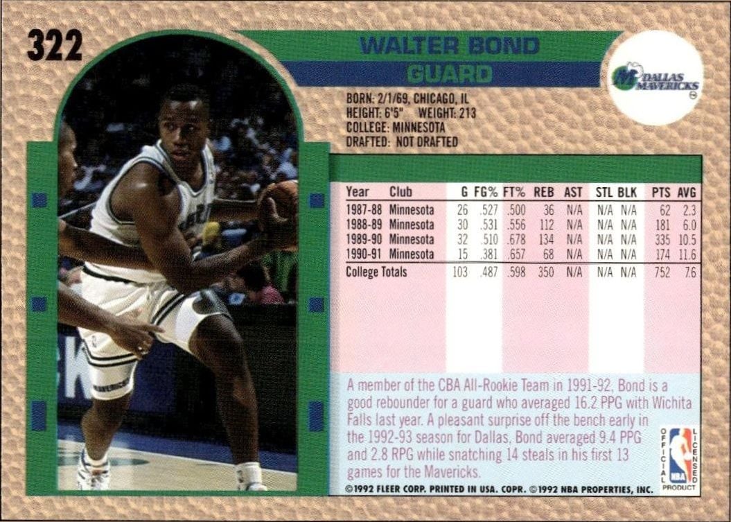 1992 Fleer Walter Bond #322 basketball trading card back