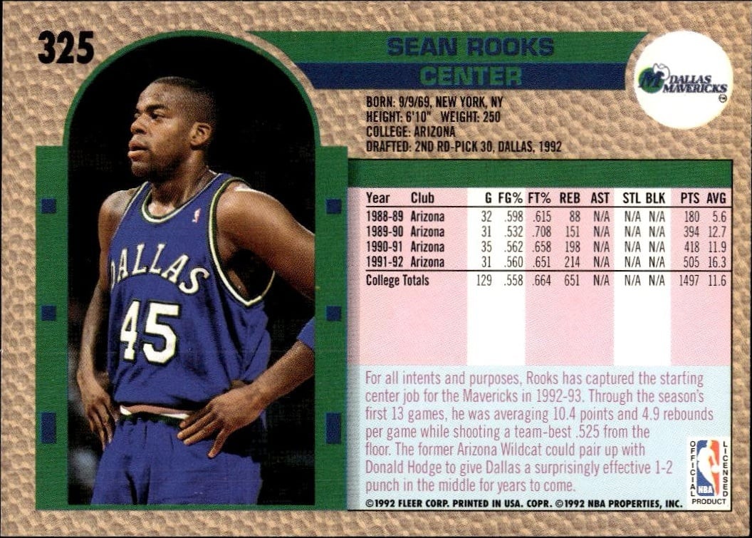 1992 Fleer Sean Rooks #325 basketball trading card back