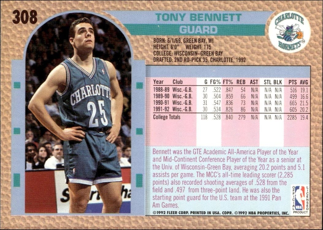 1992 Fleer Tony Bennett #308 basketball trading card back