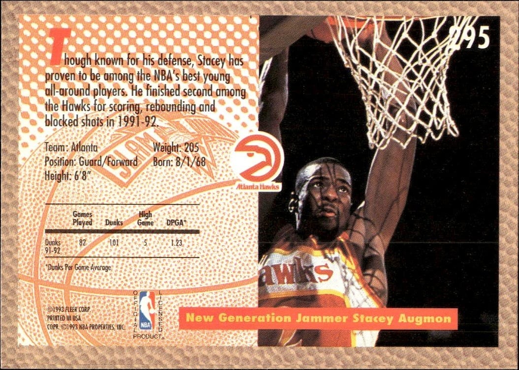 1992 Fleer Stacey Augmon #295 basketball trading card back