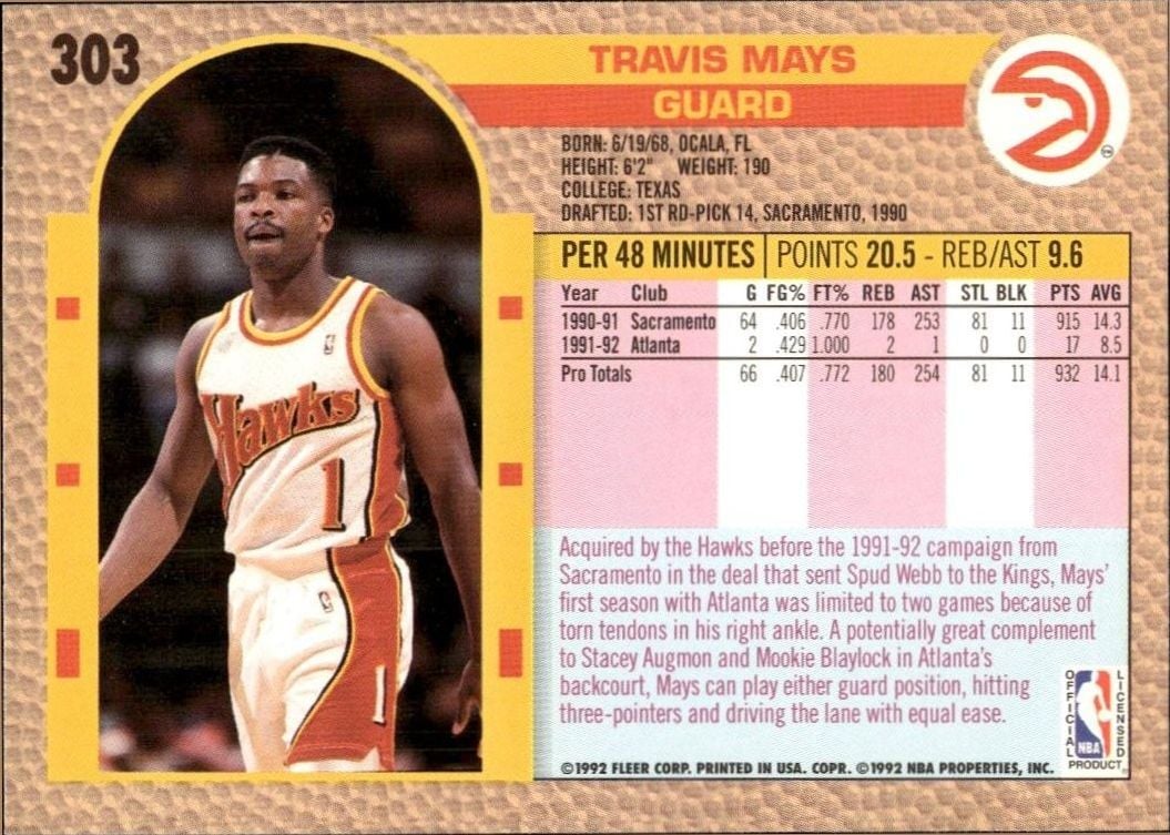 1992 Fleer Travis Mays #303 basketball trading card back