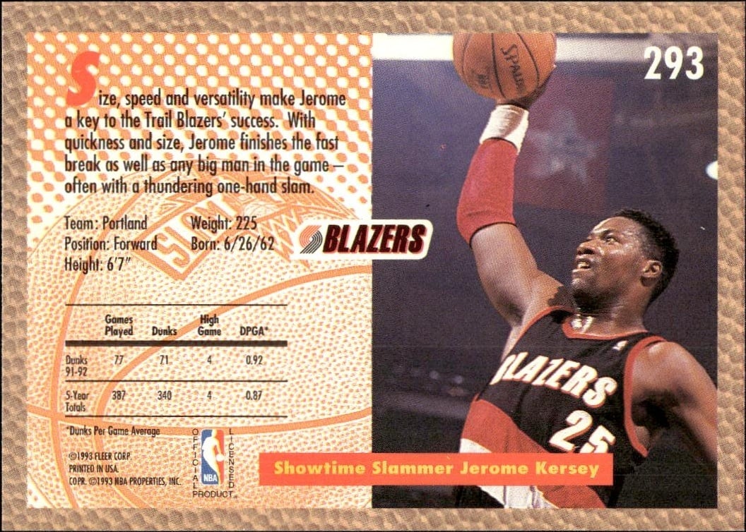 1992 Fleer Jerome Kersey #293 basketball trading card back