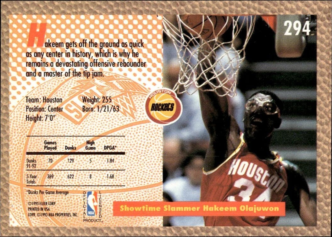 1992 Fleer Hakeem Olajuwon #294 basketball trading card back