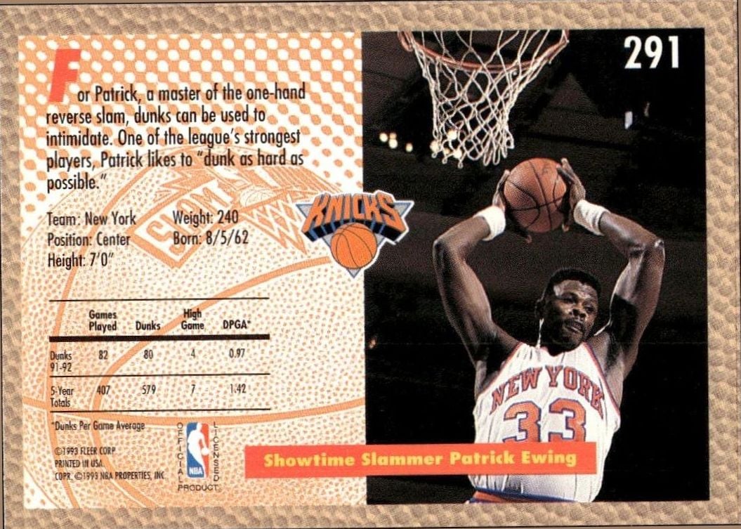 1992 Fleer Patrick Ewing #291 basketball trading card back