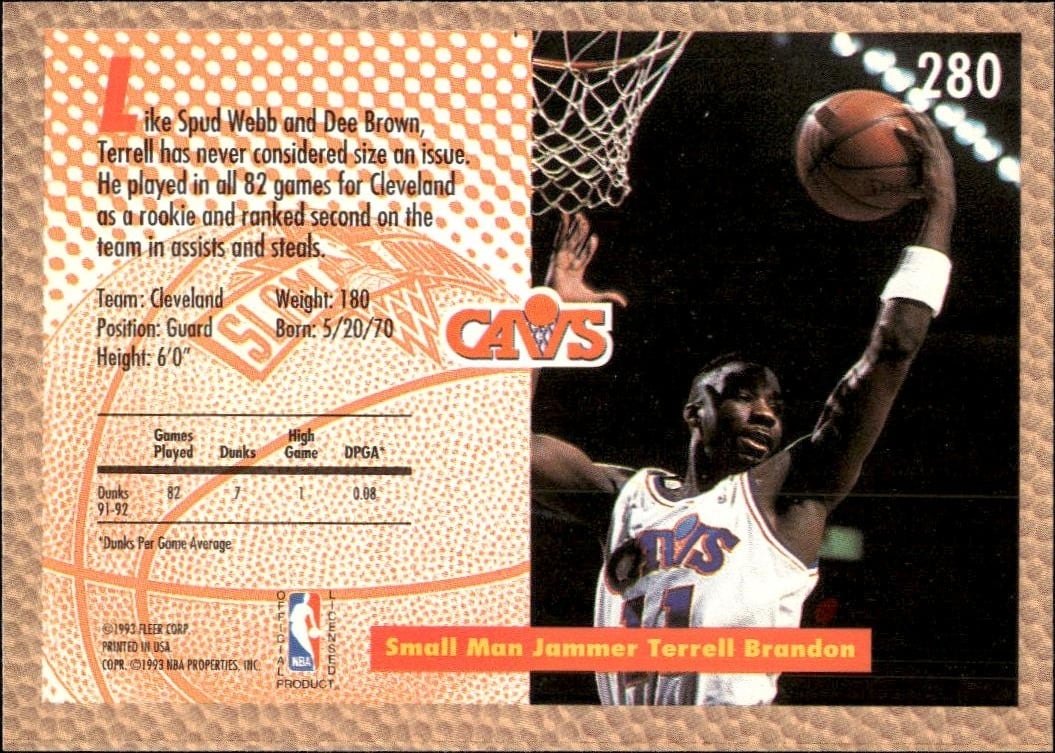 1992 Fleer Terrell Brandon #280 basketball trading card back