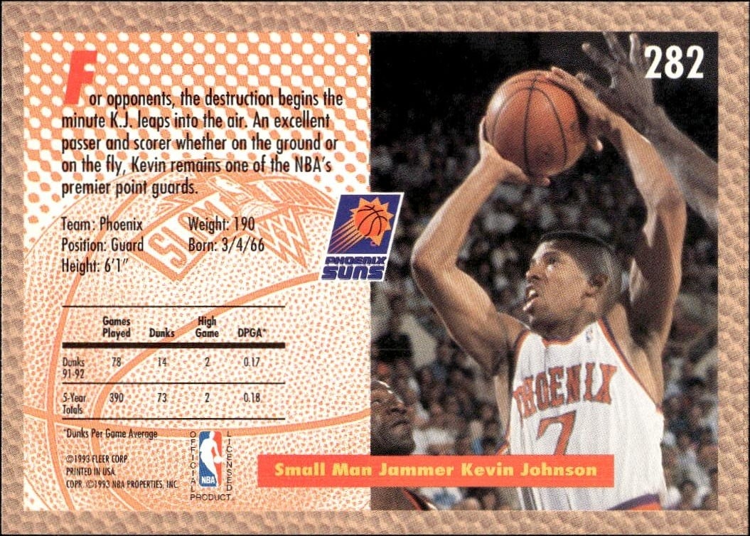 1992 Fleer Kevin Johnson #282 basketball trading card back