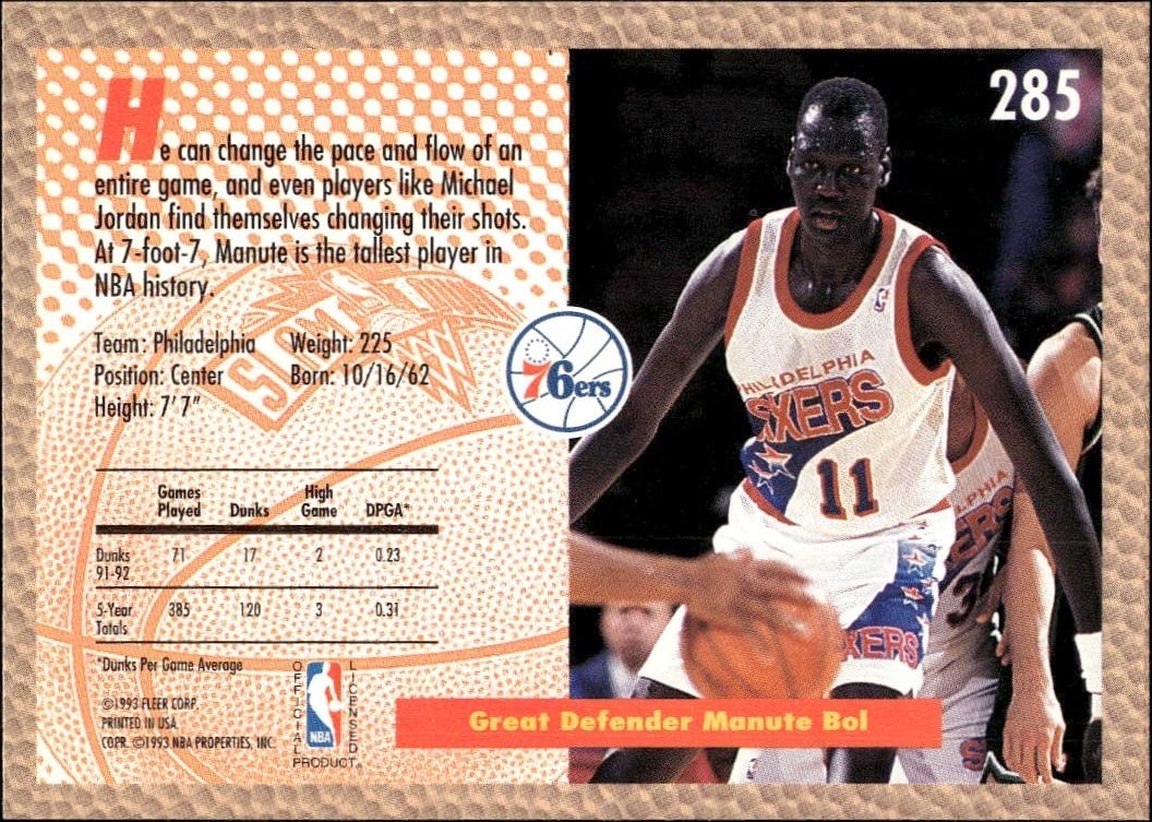 1992 Fleer Manute Bol #285 basketball trading card back
