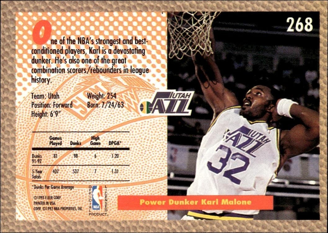1992 Fleer Karl Malone #268 basketball trading card back