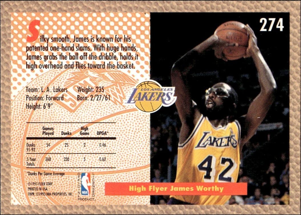 1992 Fleer James Worthy #274 basketball trading card back