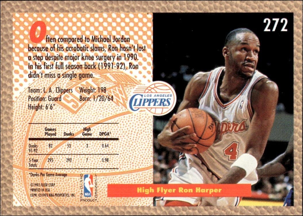 1992 Fleer Ron Harper #272 basketball trading card back