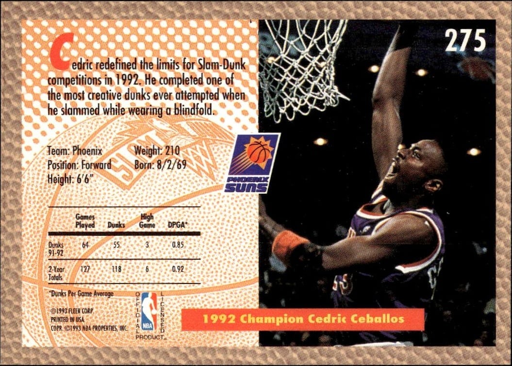1992 Fleer Cedric Ceballos #275 basketball trading card back
