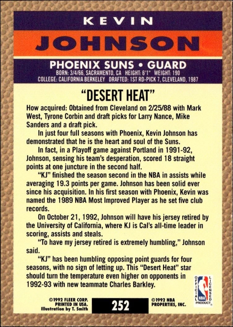 1992 Fleer Kevin Johnson #252 basketball trading card back