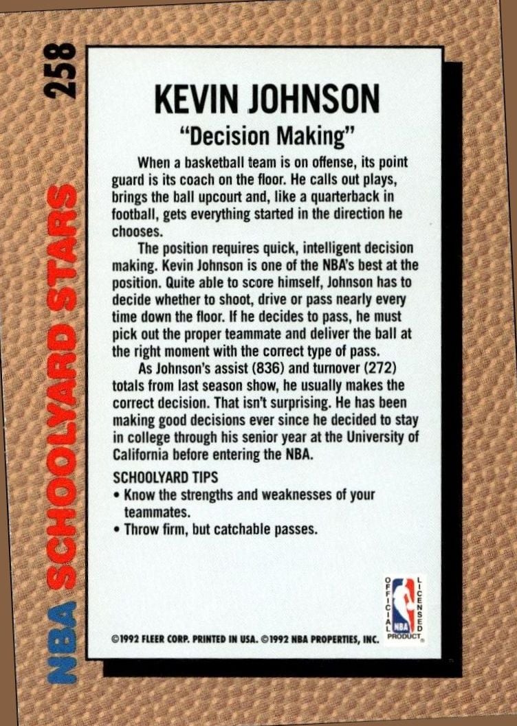 1992 Fleer Kevin Johnson #258 basketball trading card back
