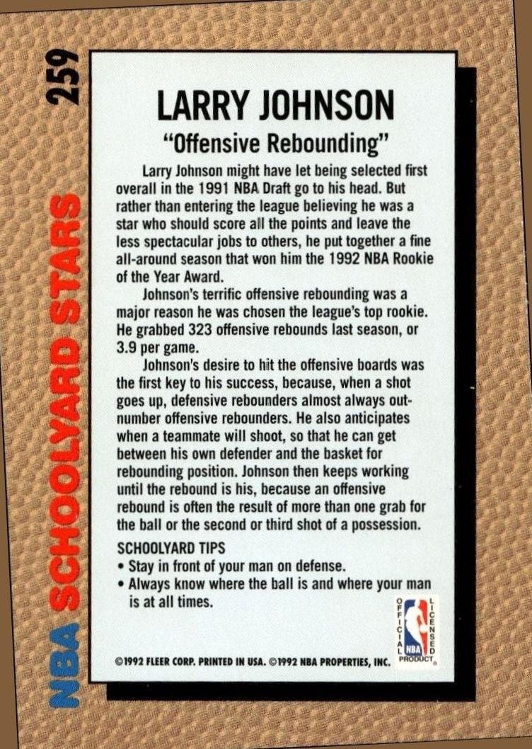 1992 Fleer Larry Johnson #259 basketball trading card back