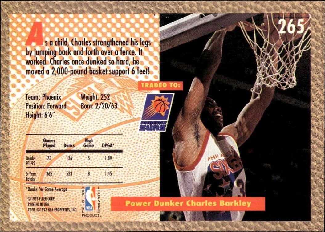 1992 Fleer Charles Barkley #265 basketball trading card back