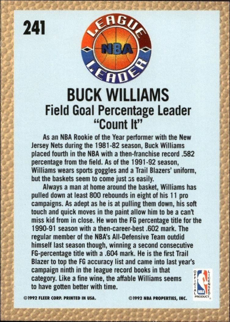 1992 Fleer Buck Williams #241 basketball trading card back
