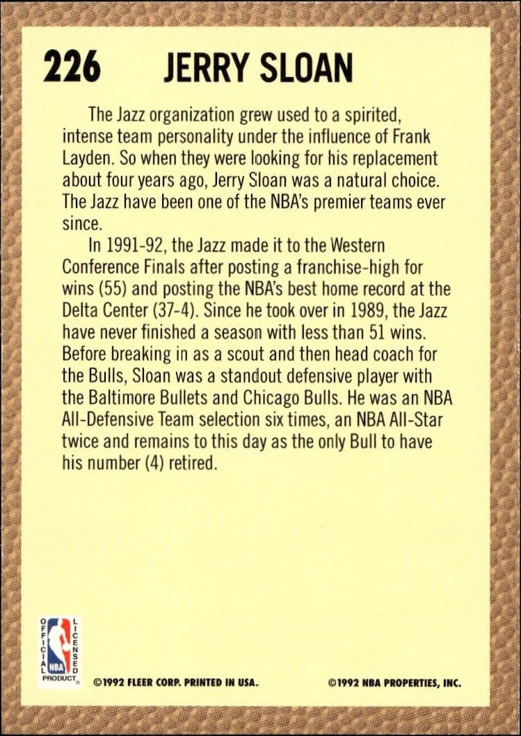 1992 Fleer Jerry Sloan #226 basketball trading card back
