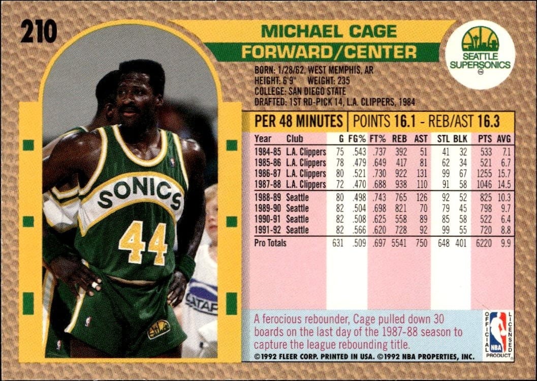 1992 Fleer Michael Cage #210 basketball trading card back