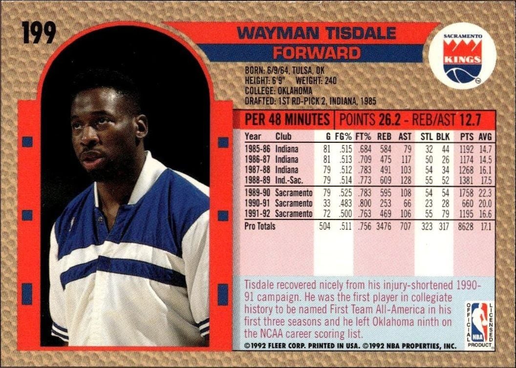 1992 Fleer Wayman Tisdale #199 basketball trading card back