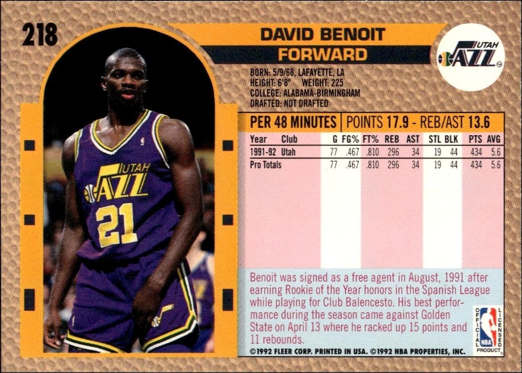 1992 Fleer David Benoit #218 basketball trading card back