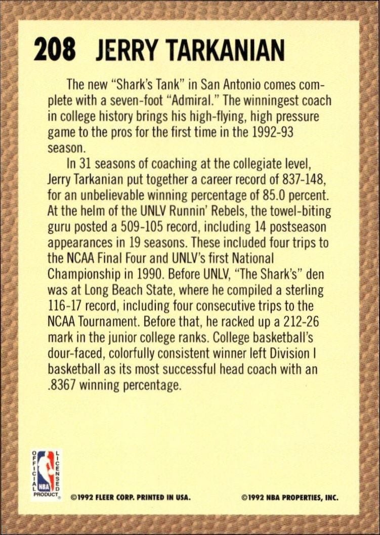 1992 Fleer Jerry Tarkanian #208 basketball trading card back