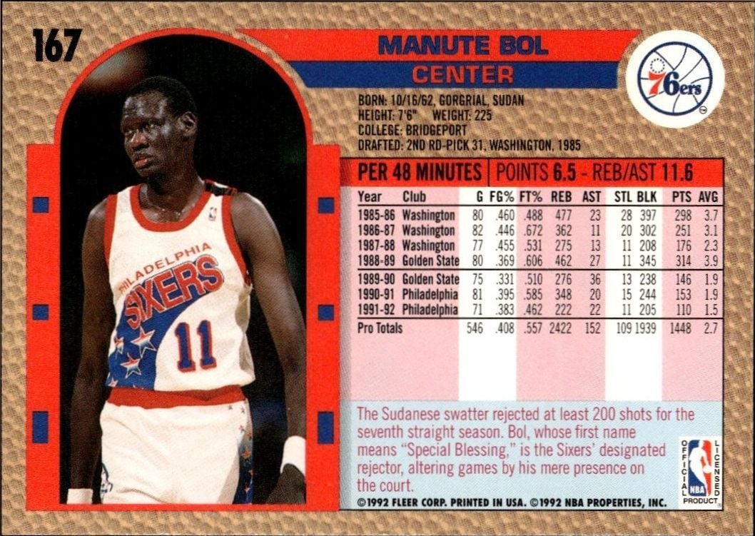 1992 Fleer Manute Bol #167 basketball trading card back