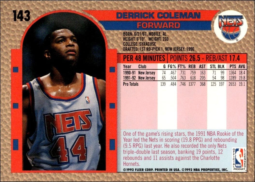 1992 Fleer Derrick Coleman #143 basketball trading card back