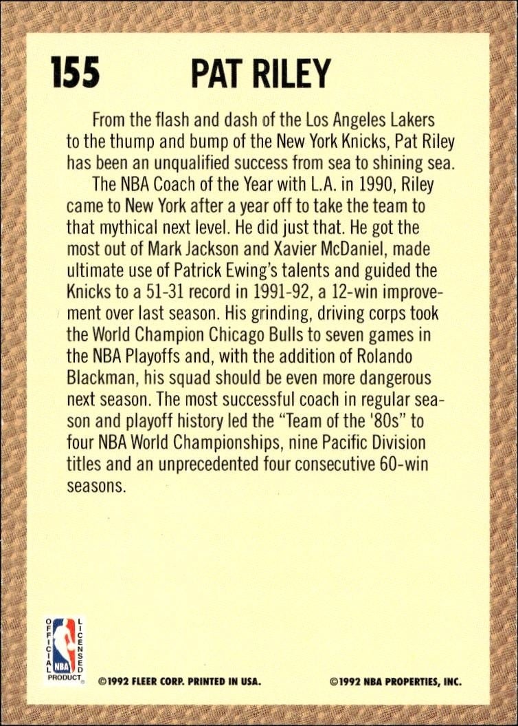 1992 Fleer Pat Riley #155 basketball trading card back